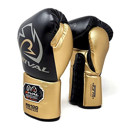 RIVAL Boxing RS100 Professional Lace-Up Sparring Gloves, Handcrafted with Super-Rich Microfiber PU, Ergonomically Designed to Perfectly Fit Your Hand - color: Black/Gold, size: 14 oz.