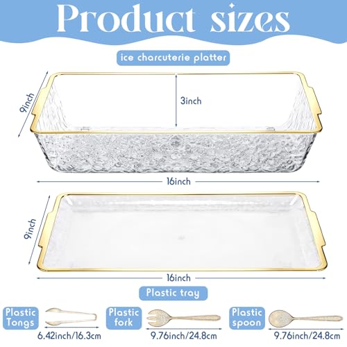 1 Set 16" x 9" Chilled Serving Tray for Parties with Compartments Ice Chilled Party Crudite Platter Charcuterie Serving Board Cold Dish Dip Tableware for Seafood Vegetable (Gold Glitter)