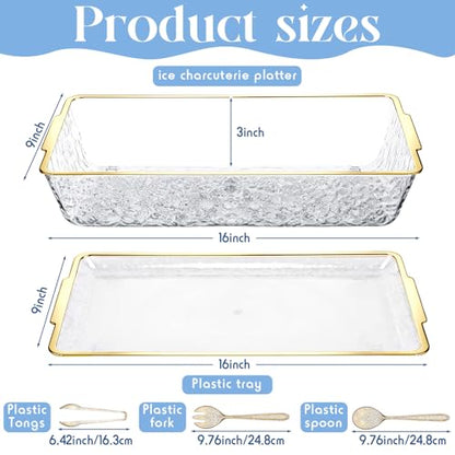 1 Set 16" x 9" Chilled Serving Tray for Parties with Compartments Ice Chilled Party Crudite Platter Charcuterie Serving Board Cold Dish Dip Tableware for Seafood Vegetable (Gold Glitter)