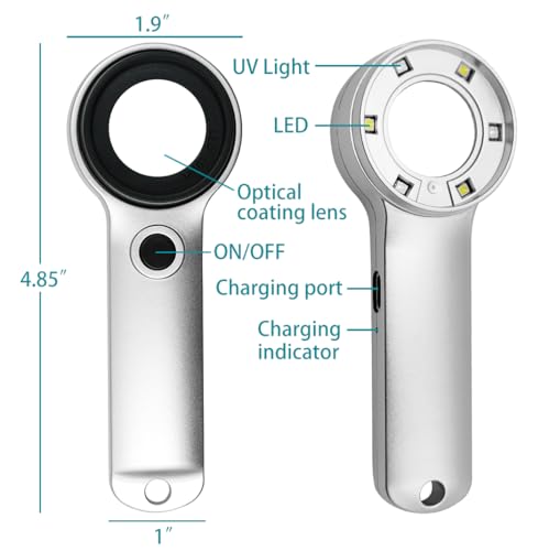 Handheld 60X Magnifier Loupe with UV & LED Lights 30mm Optical Coating Lens USB Rechargeable Jewelry Loupe Magnifying Glass for Jewellery, Rocks, Coins, Stamps, Antique, Watch Repairs - size: 60X with Button Light