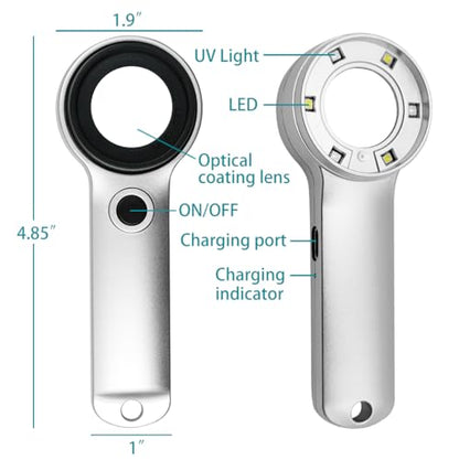Handheld 60X Magnifier Loupe with UV & LED Lights 30mm Optical Coating Lens USB Rechargeable Jewelry Loupe Magnifying Glass for Jewellery, Rocks, Coins, Stamps, Antique, Watch Repairs - size: 60X with Button Light