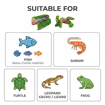 Reptile Hideout & Aquarium Cave Decor 2-Pack, Resin Hollow Log Hide for Fish Tank, Shrimp Turtle Lizard Betta Hiding Spot, Aquarium Ornament with Moss Look, 2.5"-4.1"