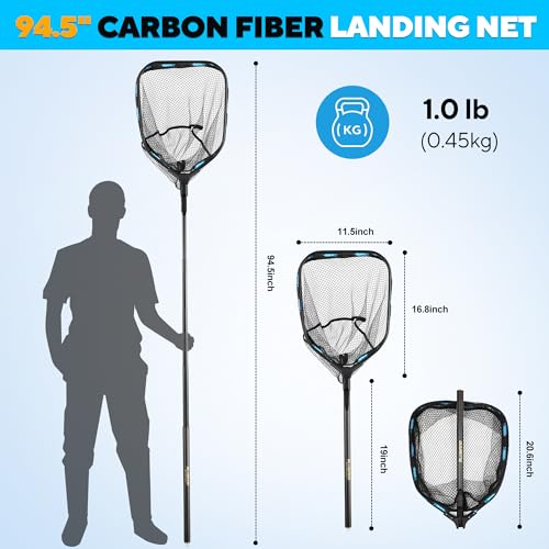 PLUSINNO Floating Fishing Net with Telescoping Handle, Carbon Fiber Ultralight Long Fish Net, Collapsible Landing Net 6.56/7.86Ft, Fishing Gear Kayak Accessories for Bass Trout Salmon