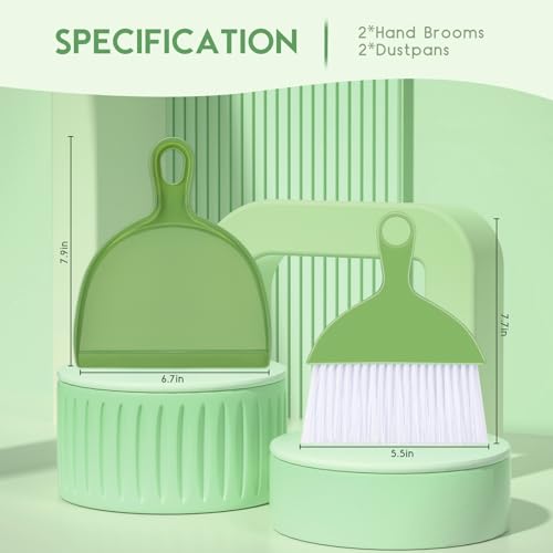 2PCS Small Broom and Dustpan Set, Mini Dust Pan and Brush, Hand Whisk for Pets, Kids, Desk, Home, Camping, Green Cleaning Supplies