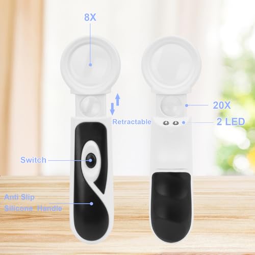 Rongon Magnifying Glass with Light 8X 20X Retractable Pocket Magnifier Loupe Handheld Magnifier for Seniors 2 LED Lights HD Lens for Reading, Jewelry, Coins Inspection, Hobby Travel