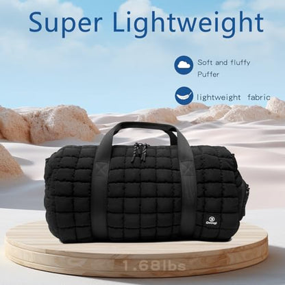 Quilted Gym Bag for Women,Duffle Bag for Travel with Wet Pocket,Carry on Weekender Bags for Women,Travel Bag with Shoe Compartment(Black) - color: Black
