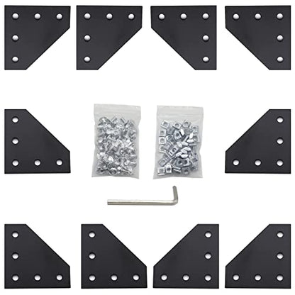 10pcs Corner Bracket Plate Black 2020 Series 5 Hole L Shape Joint Plates with 50pcs M5 T Nuts + 50pcs M5x8mm Screws + 1pcs Wrench for Slot 6mm 20S Aluminum Rail Accessories (10PCS L Shape) - style: 10PCS L Shape black