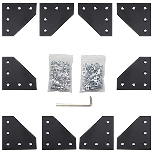 10pcs Corner Bracket Plate Black 2020 Series 5 Hole L Shape Joint Plates with 50pcs M5 T Nuts + 50pcs M5x8mm Screws + 1pcs Wrench for Slot 6mm 20S Aluminum Rail Accessories (10PCS L Shape) - style: 10PCS L Shape black
