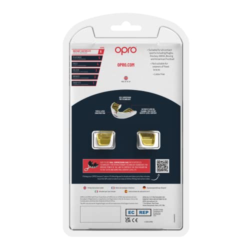 OPRO Instant Custom-Fit Mouthguard – Dentist Level Gum Shield Adult and Kids – OPRO Mouth Guard Boxing and MMA, Self-Fit Gum Shield Rugby – Maximum Protection with Dental Warranty (White/Gold) - color: White/Gold, size: Adult (10+)