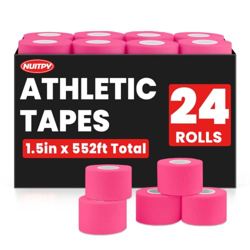 NUITPY 24 Pack Athletic Tape, Pink Sports Tape, Easy Tear Wrist Tape, Strong Adhesion Tapes for Boxing, Gymnastics, Hockey, Soccer, Lacrosse and First Aid - color: Pink-24 Rolls