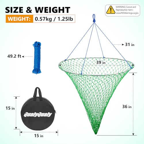Large Bridge and Pier Fishing Net 32''/39'' Hoop, Foldable Drop Net Pier Fishing for Saltwater with Rope, Landing Net with Nylon Mesh, Collapsible Soft Steel Ring - color: Green, size: L: 39''×36''