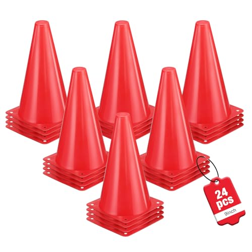 24pcs Cones 9 Inch Soccer Cones and Plastic Traffic Cones, Durable Cones for Sports Training, Ideal for Soccer, Basketball, Football, Skating, and Agility Drills Practice - color: red