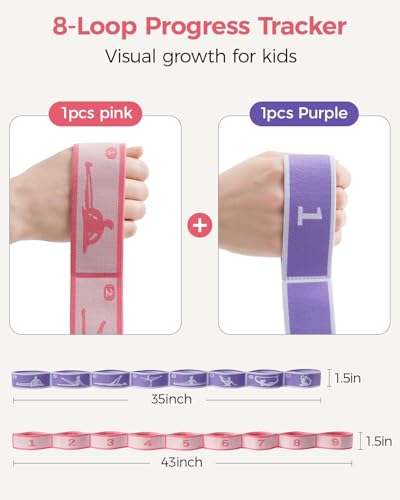 2 PCS Stretch Strap for Kids Gymnastics Multi-Loop Elastic Strap for Ballet, Latin, Dance, Yoga, Children Flexibility Training & Exercise Resistance Yoga Band- 8 Loops - color: Red & Purple