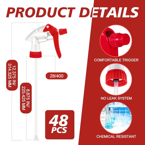 Hushee 48 Pack 28-400 Replacement Trigger Spray Nozzles Only, No Bottle, Heavy Duty Bottle Sprayer for Industrial Home Use, Fit for 32 oz, 16 oz, 8 oz Plastic and Glass Bottles(Red) - color: Red