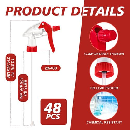 Hushee 48 Pack 28-400 Replacement Trigger Spray Nozzles Only, No Bottle, Heavy Duty Bottle Sprayer for Industrial Home Use, Fit for 32 oz, 16 oz, 8 oz Plastic and Glass Bottles(Red) - color: Red