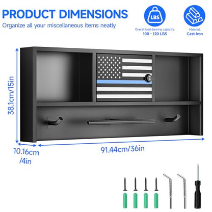 Police Gear Rack - Police Hanger with Hooks, Black Tactical Duty Gear Rack with Thin Blue Line Flag, Lock Safe, Vest Hanger & Belt Hook, Wall Mounted Body Armor Stand Organizer Rack