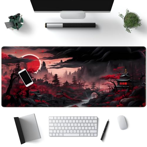 Riverside Full Moon Desk Pad Black Red Desk Mat Japanese Anime Extended XXL Keyboard Pad for Desk Gaming Computer Laptop Office Mouse Pad with Stitched Edges Non-Slip Large Computer Mat 31.5x11.8 in - color: Red Night