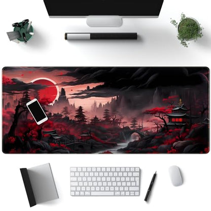 Riverside Full Moon Desk Pad Black Red Desk Mat Japanese Anime Extended XXL Keyboard Pad for Desk Gaming Computer Laptop Office Mouse Pad with Stitched Edges Non-Slip Large Computer Mat 31.5x11.8 in - color: Red Night