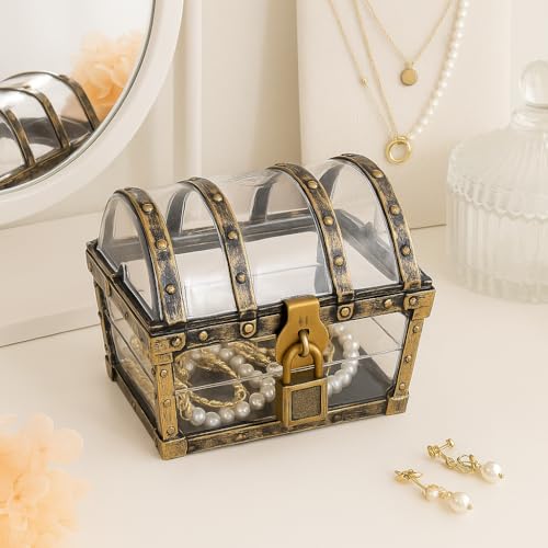 Treasure Chest Box, Small Pirate Treasure Case with Lock and Key, Transparent Jewelry Storage Container Display Toy Candy Seashell Gemstone Crystal Keepsake Gift, Retro Nautical Home Decor 5''x4.5''