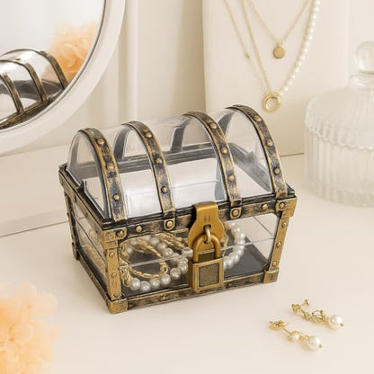Treasure Chest Box, Small Pirate Treasure Case with Lock and Key, Transparent Jewelry Storage Container Display Toy Candy Seashell Gemstone Crystal Keepsake Gift, Retro Nautical Home Decor 5''x4.5''