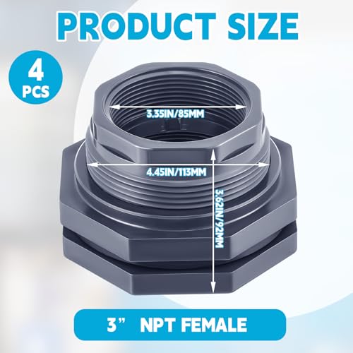 4 Pcs 3 Inch Bulkhead Fitting PVC Water Tank Connector Plumbing Pipe Threaded Bulkhead Fitting NPT for Rain Barrels, Water Tanks, Aquariums, Tubs, Pools - size: 3 Inch