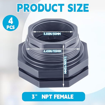 4 Pcs 3 Inch Bulkhead Fitting PVC Water Tank Connector Plumbing Pipe Threaded Bulkhead Fitting NPT for Rain Barrels, Water Tanks, Aquariums, Tubs, Pools - size: 3 Inch