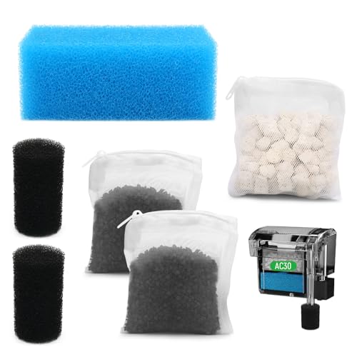 AC30 Aquarium Filter Media Maintenance Kit Compatible with Fluval AC30 Power Filters, Includes 1 Blue Foam, 2 Activated Carbon, 1 BioMax Pellets, 2 Intake Strainer Sponge, for Freshwater & Saltwater