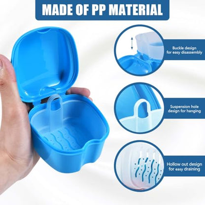 KISEER 2 Pack Colors Denture Bath Case Cup Box Holder Storage Soak Container with Strainer Basket for Travel Cleaning (Light Blue and Black) - color: Light Blue and Black