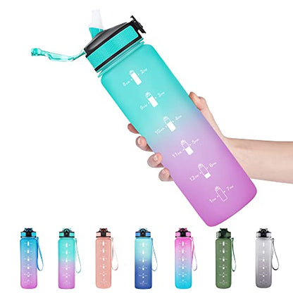 EYQ 32oz Water Bottle with Straw, Time Marker, Blue Purple - color: 5.Green/Purple Gradient