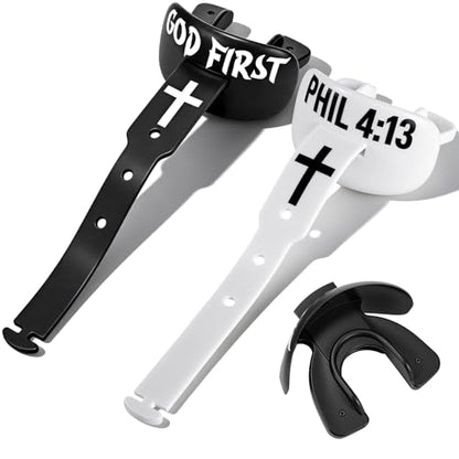 Outus 2 Pack Faith Cross Football Mouth Guard God First Philippians 4: 13 Youth Mouthguard Sports Lip Guard with Connected Strap Fits Adult & Youth for Football Lacrosse MMA Boxing Brace