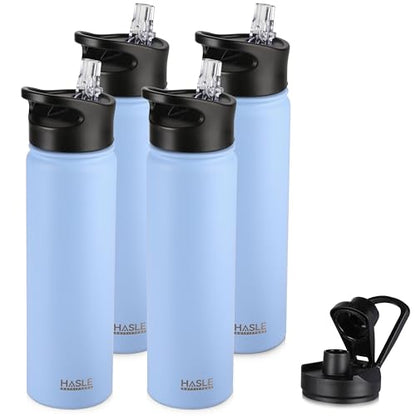 HASLE OUTFITTERS Insulated Water Bottle 22 oz Double Wall Stainless Steel Water Bottle Wide Mouth with Straw Lid & Spout Lid Keeps Cold or Hot(Blue,4) - color: Blue, size: 22oz- 4 Pack