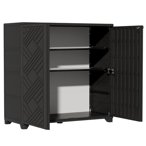 ZZM Indoor/Outdoor Storage Cabinet Waterproof, 34"x15"x34" Plastic Outdoor Storage Box for Garden Balcony Bathroom, All Weather Outdoor Storage Clearance, DIY Usage, with 2 Shelf (Black) - color: Cabinet With 2 Shelf, Black