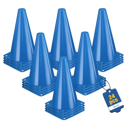 24pcs Cones 9 Inch Soccer Cones and Plastic Traffic Cones, Durable Cones for Sports Training, Ideal for Soccer, Basketball, Football, Skating, and Agility Drills Practice - color: blue