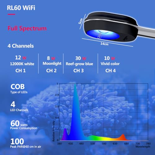 RL60 Aquarium LED Reef Light 60W, Smart-APP Control Full Spectrum Marine LED for Saltwater Coral Fish Tanks (Black RL60 Arm Kit)