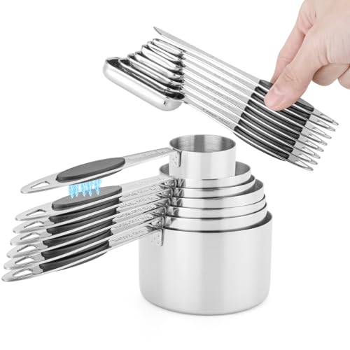 Magnetic Measuring Cups and Spoons Set, 15 Piece Stainless Steel Measuring Cups and Spoons for Measure Dry and Liquid Ingredients (Black) - color: Black