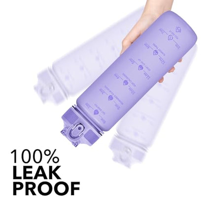 Hyeta Plastic Water Bottle With Straw & Time Marker, 32oz Leakproof Jug - color: Matte Lilac