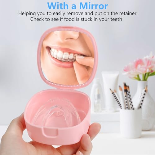 Retainer Case With Mirror and Ventilation Holes - Mouth Guard, Denture, Orthodontic Aligner, Night Guard - Pink - color: Pink
