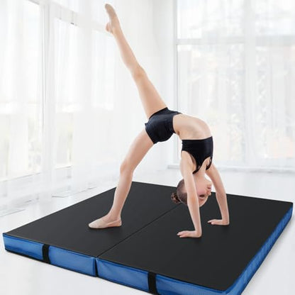 Giantex 4" Thick Folding Gymnastics Mat, 4' x 4' Bio-Folding Exercise Mat with Carry Handles & PU Leather Cover, Gym Home Tumbling Mat for Kids, Yoga, Fitness, Pilates & Martial Arts - color: Black