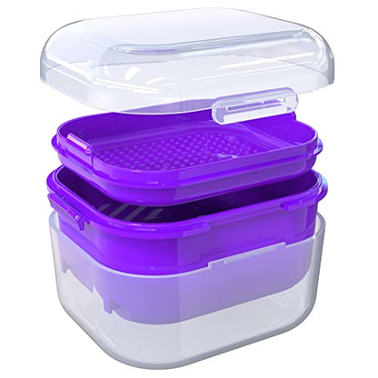ARGOMAX Denture Soaking Cup with Strainer, Dark Purple - color: Transparent Shell+purple Inner Tray