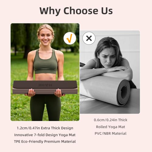 HAHE 7-Fold Design Extra Thick Yoga Mat 72"L x 24"W x 0.47", TPE | Fitness Exercise Mats, Non-Slip Foldable Yoga Mat, High Density, Portable for Men & Women, Yoga, Pilates, Home Gym - color: Brown & Beige