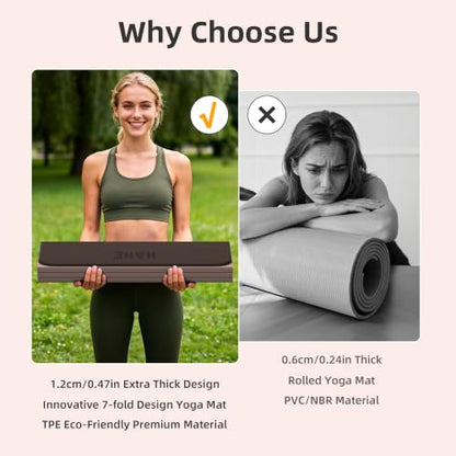 HAHE 7-Fold Design Extra Thick Yoga Mat 72"L x 24"W x 0.47", TPE | Fitness Exercise Mats, Non-Slip Foldable Yoga Mat, High Density, Portable for Men & Women, Yoga, Pilates, Home Gym - color: Brown & Beige