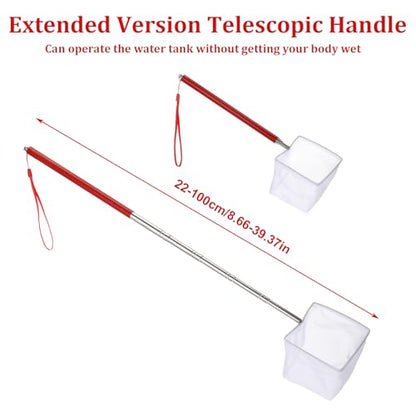 3 Inch Aquarium Net, Fish Net for Fish Tank with 8.6" to 39" Long Extendable Stainless Steel Handle Red Small Square Fine Mesh Shrimp Nets Pond Food Residue Debris Skimming Tool for Fishes Shrimp