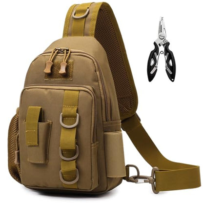 Fishing Sling Bag - Small Fishing Tackle Storage Bags with Rod Holder (Tan)