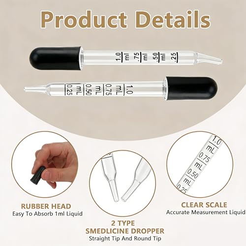 22-Piece Glass Dropper Set with 20 Droppers and 2 Cleaning Tools. 1ML Straight & Bent Tip Droppers for Medicine, Oils and Liquids, Applicable to Lab, Crafts, Ear, Eye Care and Liquid Transfer.