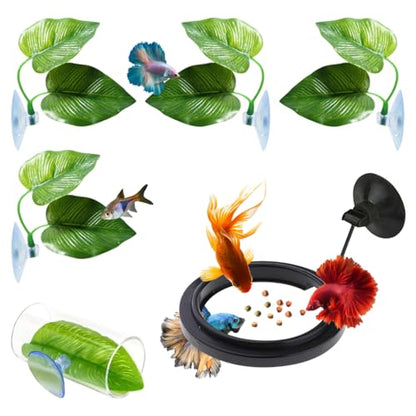 6PCS Betta Aquarium Decoration - Leaf Pad, Feeding Ring, Acrylic Tube Tunnel, Hideout Ornament for Fish Tank Decor
