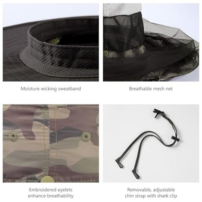 BASSDASH UPF 50+ Mosquito Sun Hat with Hidden Head Net and Neck Flap for Men Women Outdoor Fishing Hiking Camping - color: Earth Camo