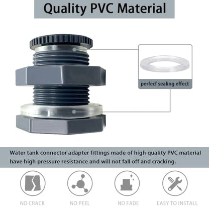 NPT 1 PVC Bulkhead Fitting, Heavy-Duty Female Plastic Water Tank Connector Adapter Fitting with Plugs for Rain Barrel,Spigot,Water Tank,Drain Bucket (Set of 2-Thickened Type)