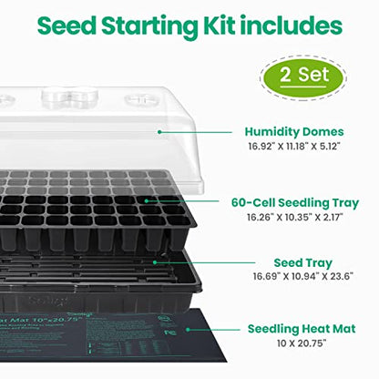 SOLIGT 2 Set 60-Cell Seed Starter Kit - Strong Seed Trays with Humidity Domes, Cell Trays and Seedling Heat Mats - Cloning, Propagation and Germination Station - size: 2 SET