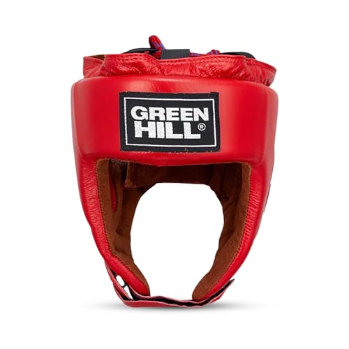 Green Hill Five Star Leather Boxing Headgear for Men & Women | AIBA-approved leather head guard for boxing, MMA and Muay Thai with secure fit and impact protection during sparring. - color: Red