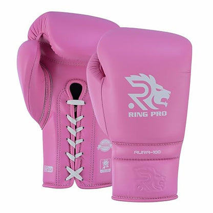 Aura 100 Full Grain Leather Lace Up Boxing Gloves for Men & Women – Professional Training, Sparring, Competition, Muay Thai, Kickboxing & Heavy Bag Gloves - color: Pink, size: 16 OZ